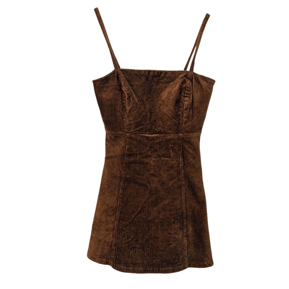 Corduroy Mini Dress Brown Sleeveless Casual Party Cocktail Club Cute Small